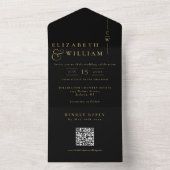 Zwart en goud elegant monogram QR-code trouwfeest All In One Uitnodiging (Binnen)