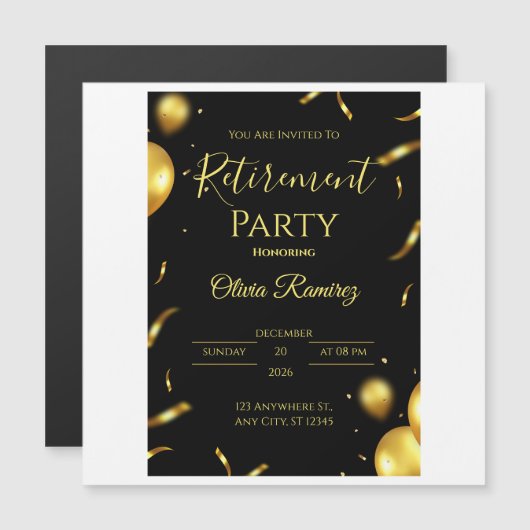 Zwart en goud Elegant pensioen  Magnetische Uitnodiging (Voorkant / Achterkant)