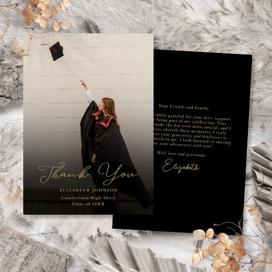 Zwart en goud Elegant Photo Script Afstuderen Bedankkaart