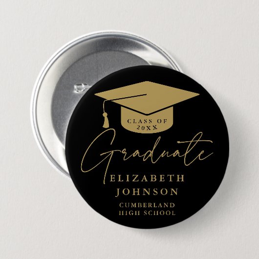 Zwart en goud Elegant Script Afstuderen Ronde Button 7,6 Cm (Voorkant /achterkant)