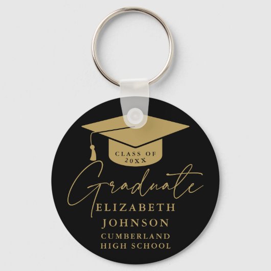 Zwart en goud Elegant Script Afstuderen Sleutelhanger (Voorkant)