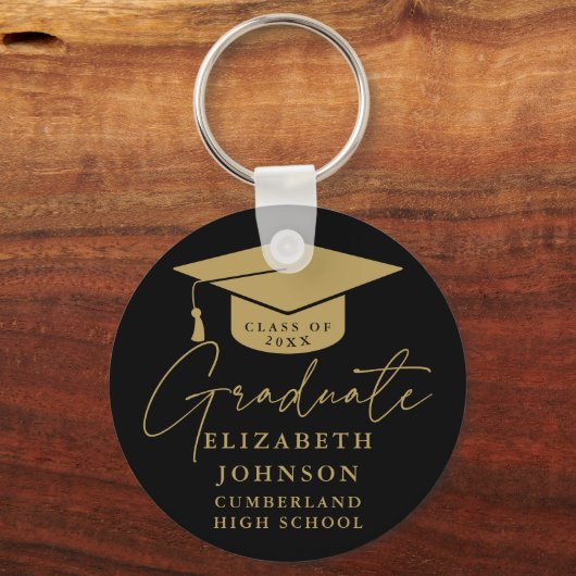 Zwart en goud Elegant Script Afstuderen Sleutelhanger (Achterkant)