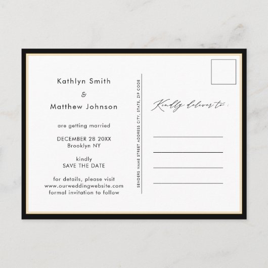 Zwart en goud elegant script opslaan Datum Aankondigingskaart (Achterkant)