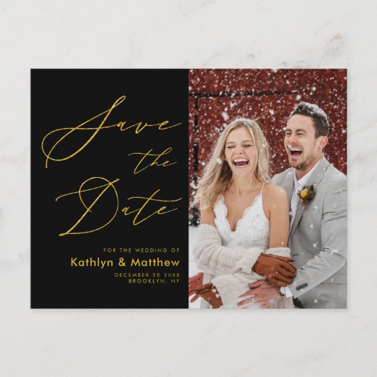 Zwart en goud elegant script opslaan Datum Aankondigingskaart (Voorkant)