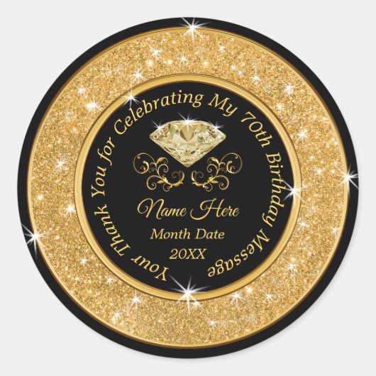 Zwart en Goud Elegante 70e Verjaardag Stickers (Voorkant)
