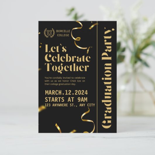 Zwart en Goud Elegante Afstudeerfeest Uitnodiging (Staand voorkant)