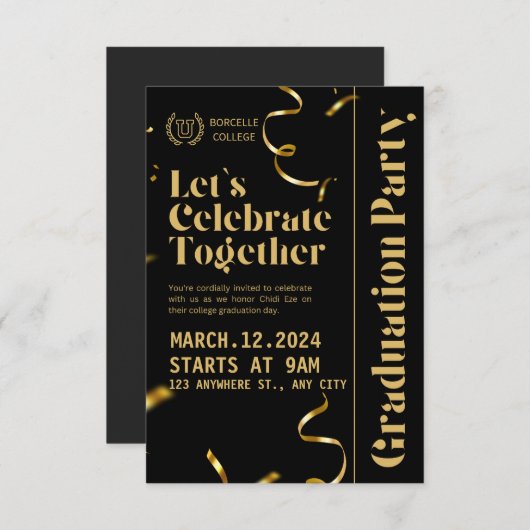 Zwart en Goud Elegante Afstudeerfeest Uitnodiging (Voorkant / Achterkant)