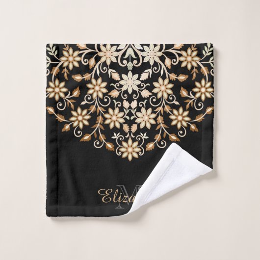 Zwart en Goud Elegante Bloemen Bad Handdoek (Wasdoekje)