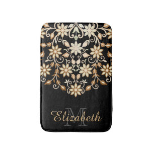 Zwart en Goud Elegante Bloemen Badmat