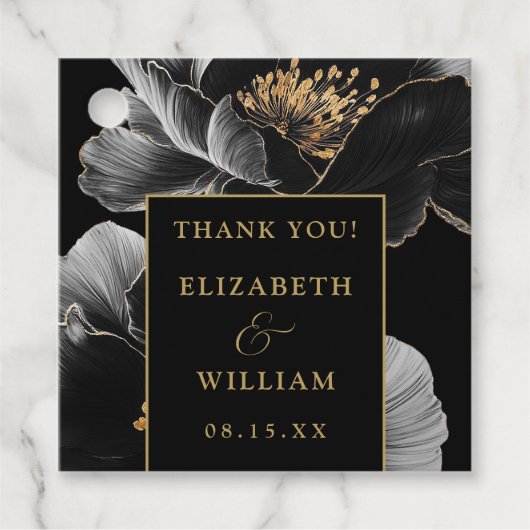 Zwart en goud Elegante Bloemen bruiloft Dank u Bedankjes Labels (Voorkant)