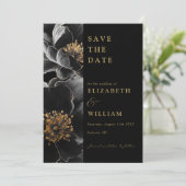 Zwart en goud Elegante Bloemen Fotobruiloft Save The Date (Staand voorkant)