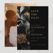 Zwart en goud Elegante Bloemen Fotobruiloft Save The Date (Voorkant / Achterkant)