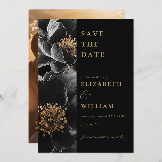Zwart en goud Elegante Bloemen Fotobruiloft Save The Date (Voorkant / Achterkant)