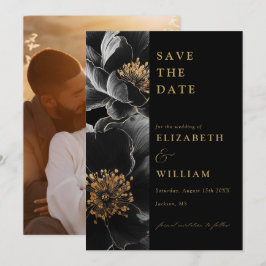 Zwart en goud Elegante Bloemen Fotobruiloft Save The Date