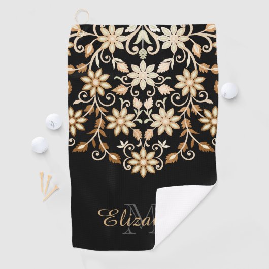 Zwart en Goud Elegante Bloemen Golfhanddoek (Insitu)