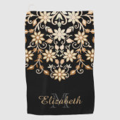 Zwart en Goud Elegante Bloemen Golfhanddoek (Voorkant)