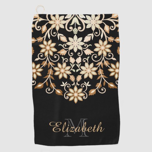 Zwart en Goud Elegante Bloemen Golfhanddoek (Voorkant)