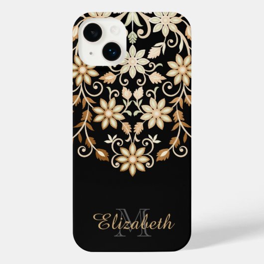 Zwart en Goud Elegante Bloemen iPhone Hoesje (Achterkant)