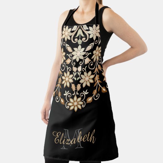 Zwart en Goud Elegante Bloemen Schort (Insitu)