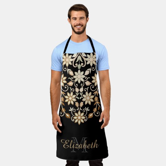 Zwart en Goud Elegante Bloemen Schort (Gedragen)