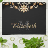 Zwart en Goud Elegante Bloemen Theedoek (Gevouwen)