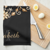 Zwart en Goud Elegante Bloemen Theedoek (Quarter Fold)