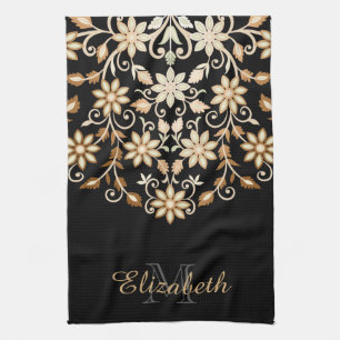 Zwart en Goud Elegante Bloemen Theedoek