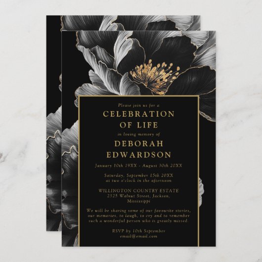 Zwart en goud Elegante Bloemenviering van het Leve Kaart (Voorkant / Achterkant)