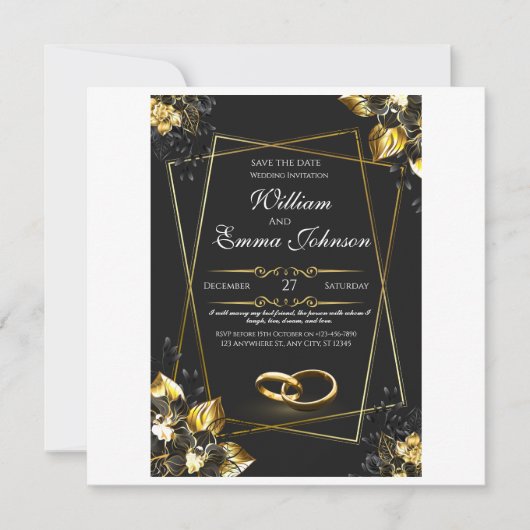Zwart en goud elegante bruiloft feestdagenkaart (Voorkant)