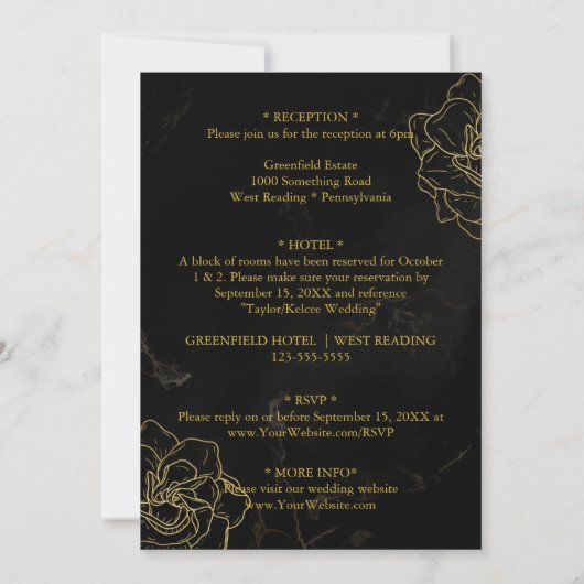 Zwart en Goud Elegante  bruiloft Kaart (Achterkant)