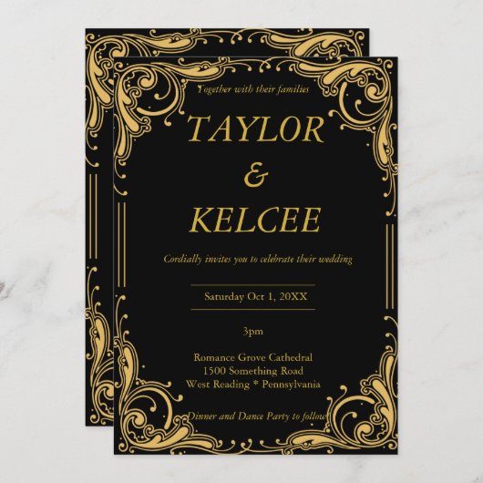 Zwart en Goud Elegante bruiloft Kaart (Voorkant / Achterkant)