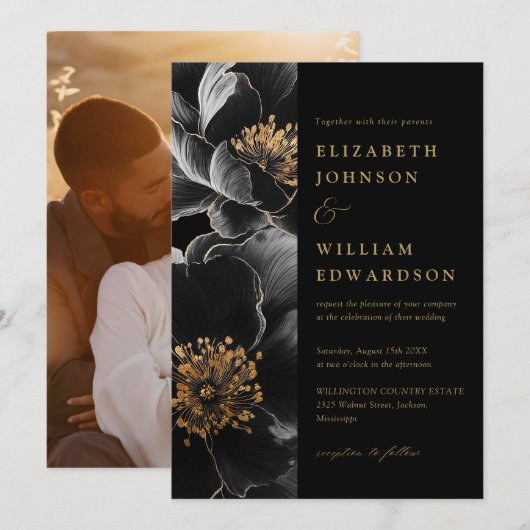 Zwart en goud Elegante Chic Bloemen Fotobruiloft Kaart (Voorkant / Achterkant)