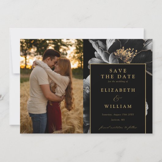 Zwart en goud Elegante Chic Bloemen Fotobruiloft Save The Date (Voorkant)