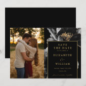 Zwart en goud Elegante Chic Bloemen Fotobruiloft Save The Date (Voorkant / Achterkant)
