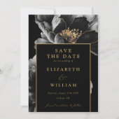 Zwart en goud Elegante Chic Bloemen Fotobruiloft Save The Date (Voorkant)
