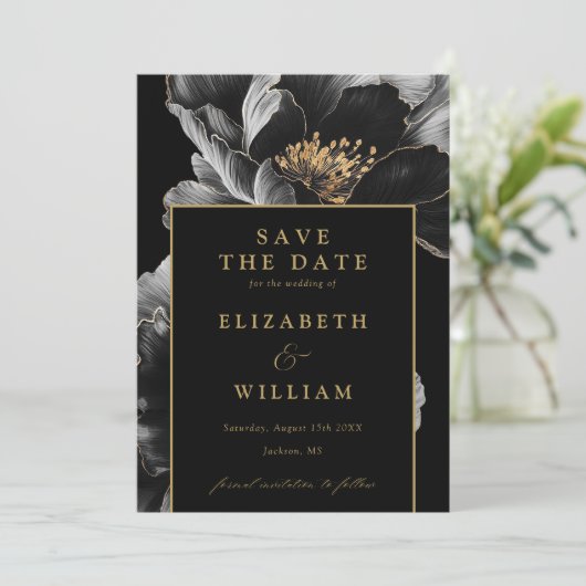 Zwart en goud Elegante Chic Bloemen Fotobruiloft Save The Date (Staand voorkant)