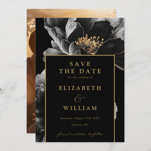 Zwart en goud Elegante Chic Bloemen Fotobruiloft Save The Date (Voorkant / Achterkant)