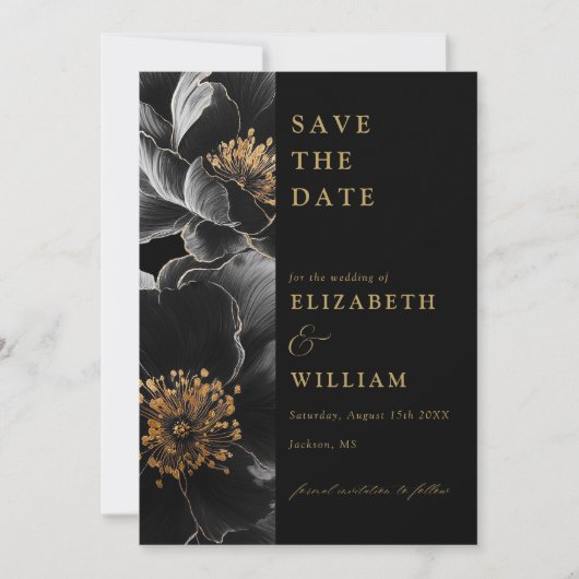Zwart en goud elegante chique bloemenbruiloft save the date (Voorkant)