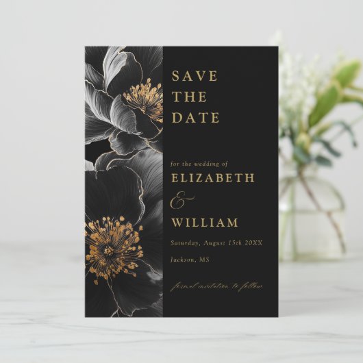 Zwart en goud elegante chique bloemenbruiloft save the date (Staand voorkant)