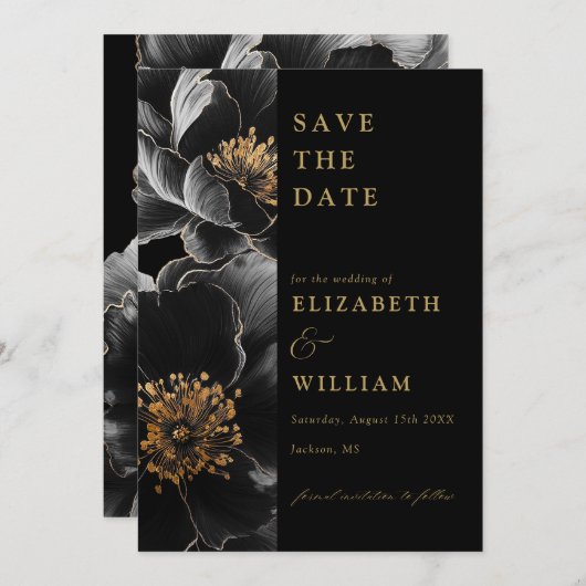 Zwart en goud elegante chique bloemenbruiloft save the date (Voorkant / Achterkant)