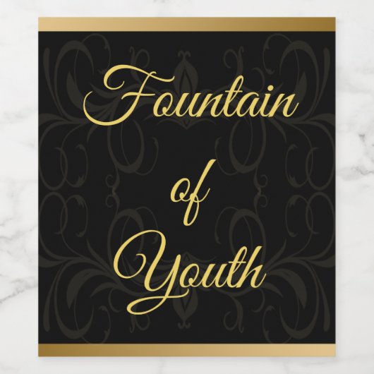 Zwart en Goud Elegante Fontein van Jeugdwijn Wijn Etiket (Enkel label)