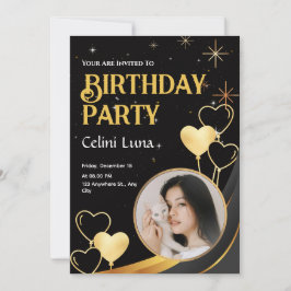 Zwart en Goud Elegante Gelukkige Verjaardagsuitnod Kaart