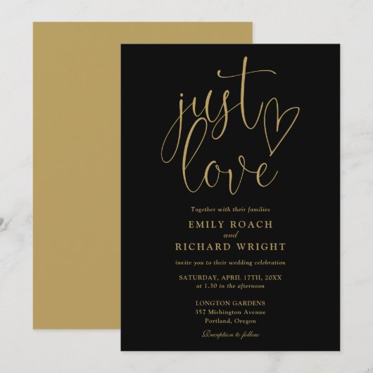 Zwart en goud elegante gewoon liefde script bruilo kaart (Voorkant / Achterkant)