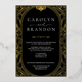 Zwart en Goud Elegante Huwelijksuitnodiging Folie Uitnodiging (Voorkant)