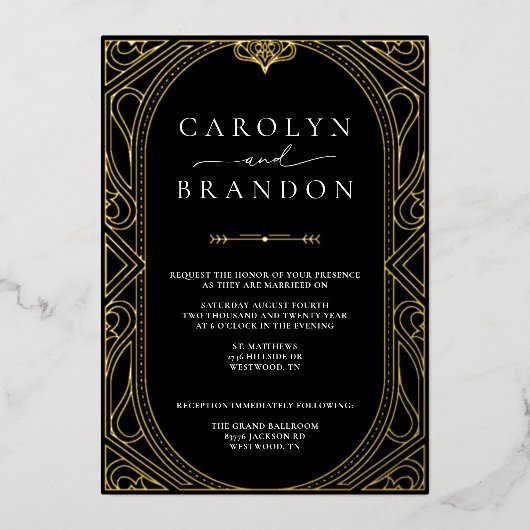 Zwart en Goud Elegante Huwelijksuitnodiging Folie Uitnodiging (Voorkant)