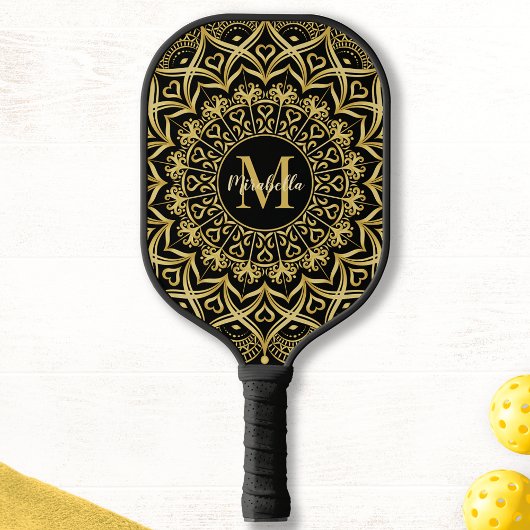 Zwart en goud Elegante Mandala Monogrammed Pickleball Paddle