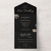 Zwart en Goud Elegante Minimale Botanische Bruilof All In One Uitnodiging (Binnen)