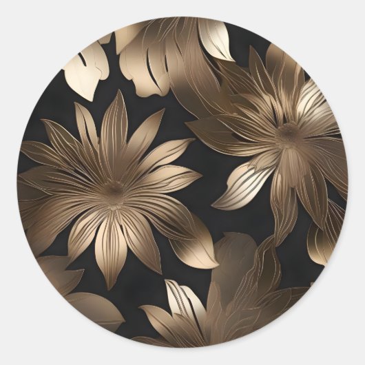 Zwart en Goud Elegante Moderne Bloemen Ronde Sticker (Voorkant)