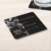 Zwart en goud elegante moderne bloemenbruiloft kartonnen onderzetters (Schuin)