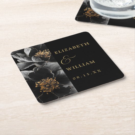 Zwart en goud elegante moderne bloemenbruiloft kartonnen onderzetters (Schuin)
